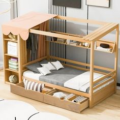 a bunk bed with drawers underneath it in a room