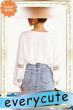 White V Neck Crochet Hollow-out Blouse Chic Long Sleeve Hollow Out Tops, Casual Hollow Out Tops For Vacation, Long Sleeve Hollow Out Top For Vacation, Bohemian White Hollow Out Top, Chic Hollow Out Top For Vacation, Chic Hollow Out Blouse For Summer, Chic Hollow Out Summer Blouse, Chic Summer Hollow Out Blouse, Bohemian Hollow Out Tops For Spring