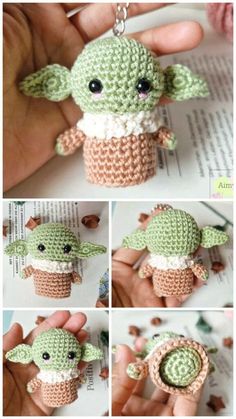 crocheted yoda keychain is shown with instructions to make it look like an ornament