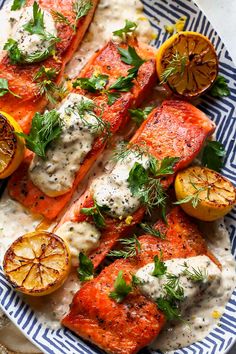 grilled salmon with lemons and herbs on a blue and white plate, garnished with parsley