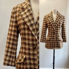 "I just love a piece with an oversized print or pattern and the houndstooth on this is a terrific example. It's almost like upholstery! Has a classic 1970's blazer cut with a fitted shoulder, wide lapels and one button closure. Fully lined. Pair with jeans and boots or loafers and you're good to go! Label: Gino Rossi Roma Condition is Great. No issues. Original size is 12. Please see measurements (all flat) 16\" shoulder to shoulder  / 19\" armpit to armpit / 21\" sleeve / 27\" length I'm always happy to provide more information - just send a message! ~~Condition Guide ~~ Mint: Perfect. Possibly never worn. Great: Little visible wear, lightly worn. Very Good: normal wear for the age.  Good: A few visible flaws but construction is sound and item is wearable." Retro Tweed Jacket With Buttons For Work, Retro Tweed Jacket With Buttons For Fall, Retro Tweed Jacket For Work With Buttons, Retro Tweed Jacket With Pockets For Fall, Retro Long Sleeve Tweed Jacket For Spring, Winter Retro Long Sleeve Tweed Jacket, Vintage Button-up Outerwear For Fall, Vintage Tweed Jacket With Lapel Collar For Fall, Retro Fall Outerwear With Button Closure