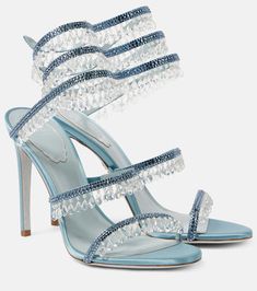 Chandelier 105 embellished satin sandals in blue - Rene Caovilla | Mytheresa Rene Caovilla Chandelier, Rene Caovilla Heels, Rene Caovilla Shoes, Womens Strappy Sandals, Latest Sandal, Satin Sandals, Mid Heels Pumps, Mid Heel Sandals, Blue Heels