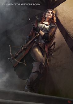 a woman dressed in steampunk holding a bow and arrow