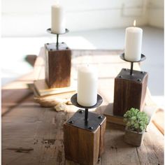 Recycled Candle Holders (Set-3)-Lighting | Iron Accents Recycle Candles, Reclaimed Wood Projects, Rustic Candle Holders, Wooden Candle Sticks, Wood Candle, Rustic Candles, Iron Candle, Wooden Candle Holders, Wood Candle Holders