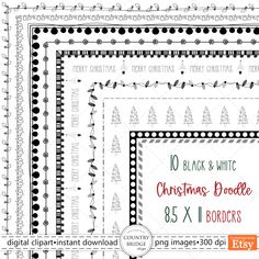 christmas borders and frames with black and white designs for digital clip art, hand drawn