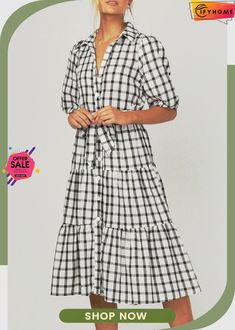 Fashion Casual Plaid Split Joint Turndown Collar A Line Dresses Casual Plaid Midi Dress For Spring, Casual Plaid Maxi Dress, Casual Plaid Maxi Dress For Spring, Line Dresses, A Line Dresses, Fashion Elegant, Turndown Collar, Lantern Sleeves, Polo Collar