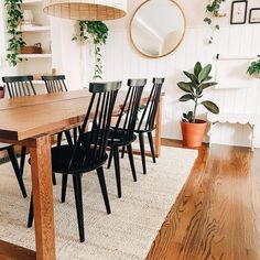 a dining room table with six chairs and a potted plant on the floor in front of it