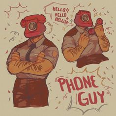 two people wearing red masks and holding cell phones with the words phone guy on them