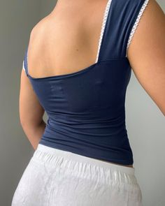 Fitted Y2k Tops With Lace Trim, Fitted Y2k Top With Lace Trim, Fitted Square Neck Tops With Lace Trim, Fitted Square Neck Top With Lace Trim, Fitted Summer Tops With Lace Trim, Navy Fitted Top For Summer, Navy Fitted Tops For Summer, Fitted Lace Trim Top For Summer, Italian Summer Fashion