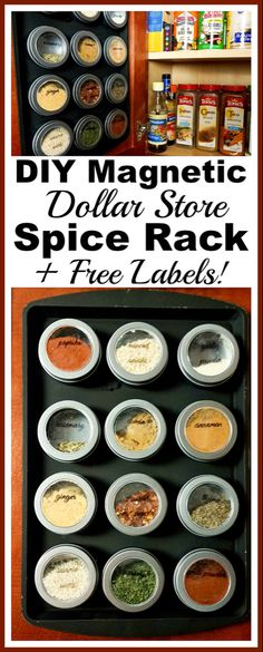 the diy magnetic dollar store spice rack with free labels