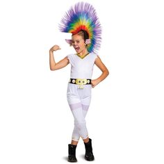 Queen Barb has a cool, new look! This costume combines the classic rainbow Troll look with this cool character from Trolls World Tour. If you loved the movie, take your Barb costume to the next level with this awesome upgrade! All your Trolls loving friends will love this awesome costume. Size: small (4-6x). Gender: female. Age Group: adult. Trolls Mask, Costume With Wig, Halloween Costume Jumpsuit, Queen Barb, Rainbow Costumes, Troll Costume, Rainbow Wig, Trolls World Tour, Fancy Dress Up