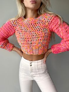 Handmade Sweater Made in 1 style only Cropped Spring Tops, Trendy Long Sleeve Knit Sweater, Trendy Cropped Knit Sweater, Pink Knit Top For Winter, Winter Pink Knit Tops, Pink Cropped Top For Fall, Pink Knit Winter Top, Pink Long Sleeve Cropped Sweater For Fall, Pink Knitted Cropped Sweater For Spring