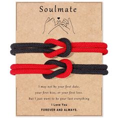 two red and black rope bracelets with the words soulmate on it, in front of