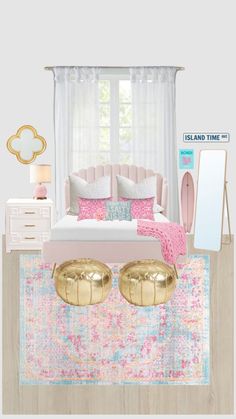 a bedroom with pink and gold decor on the walls, bedding, rugs, dresser