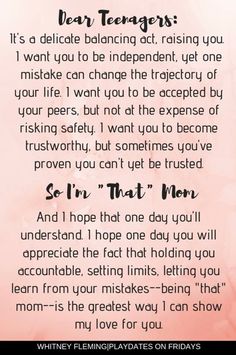 a poem written in black and white on a pink background with the words dear teenagers it's a delicate balancing act raising you