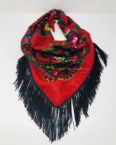 Quilana with Fringe Scarf - SOLOLI Red Bohemian Shawl With Floral Print, Bohemian Bandana Print Patterned Scarves, Bohemian Bandana Print Scarves, Bohemian Scarves With Floral Print, One Size, One Size Bohemian Scarves With Floral Print, One Size Bohemian Scarf With Floral Print, Traditional Spring Scarves As Gifts, Traditional Spring Scarves For Gifts, Traditional Spring Scarves For Gift