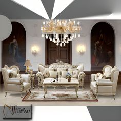 an elegant living room with white furniture and chandelier