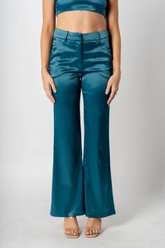 Find stylish, affordable pants at Lush Fashion Lounge! Satin wide leg pants from Lush Fashion Lounge women's boutique in Oklahoma City. Lush boutique in OKC has a variety of cute Christmas and holiday apparel! Pair these wide leg pants with the matching bralette and blazer, sold separately, for a cute and trendy Satin Wide Leg Pants, Holiday Apparel, Favorite Sweater, Women's Boutique, Green Satin, Cute Skirts, Cute Sweaters, Party Looks, Oklahoma City