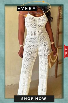 Sexy Solid Bandage Backless Spaghetti Strap Skinny Jumpsuits Designer Overalls, Crochet Jumpsuits, Vintage Summer Dresses, Backless Jumpsuit, Designer Jumpsuits, Vacation Wear, Jumpsuits And Romper, Lace Dress Long, White Jumpsuit