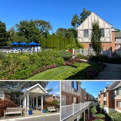 three different pictures of houses and gardens with blue umbrellas in the front, side by side