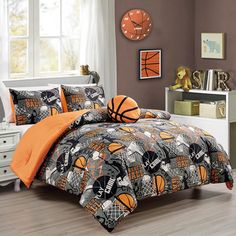 a basketball themed comforter set in a bedroom with brown walls and white furniture, along with orange accents