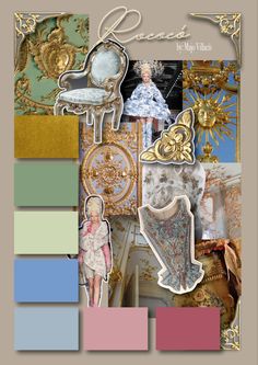 Rococo moodboard Mood Boards Aesthetic Fashion Design, Fashion Illustration Moodboard, Rococo Aesthetic Fashion Modern, Rococo Fashion Modern Style, Baroque Mood Board, Rococo Style Fashion, Rococo Collage, Fashion Moodboard Portfolio, Rococo Color Palette