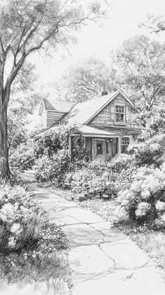 a pencil drawing of a house in the woods