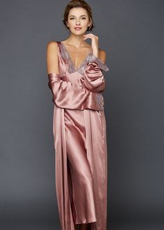 Indulgence Silk Robe - Luxury Silk Robe | Julianna Rae Feminine Silk Sleepwear For Evening, Elegant Pink Silk Sleepwear, Silk Sleepwear With Satin Finish For Evening, Pink Silk Sleepwear For Evening, Elegant Pink Evening Sleepwear, Elegant Wedding Sleepwear With Lace Sleeves, Elegant Wedding Night Sleepwear With Lace Sleeves, Elegant Lace Sleeves Sleepwear For Lounging, Women Silk Robe