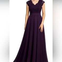 Lace On Upper Part Of The Dress,Chiffon Above The Waist,Skin-Friendly And Smooth Lining, Give You Absolute Softness And Comfort. Design: V-Neck,Short Ruffle Sleeves,Zipper Back,High Waist,Floor-Length. Color: Grape Purple V-neck Bridesmaid Evening Dress, Purple Chiffon Party Dress, Purple V-neck Chiffon Party Dress, Elegant Purple Chiffon Gown, Purple Floor-length Bridesmaid Dress For Prom, Floor-length Purple Bridesmaid Dress For Prom, Elegant Floor-length Purple Bridesmaid Dress For Prom, Sleeveless Purple Maxi Dress For Banquet, Sleeveless Purple Chiffon Dress For Wedding