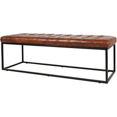 a brown leather bench sitting on top of a metal frame