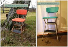 before and after photos of an old folding chair with new upholstered seat cover