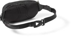 a black fanny bag on a white background with the strap down to it's side