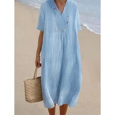 Season:Summer,Spring; Fabric:Cotton; Sleeve Length:Short Sleeve; Look After Me:Machine wash; Gender:Women's; Style:Basic,Modern; Elasticity:Inelastic; Occasion:Daily,Weekend; Fit Type:Loose Fit; Dresses Type:Cotton Summer Dress,Casual Dress; Pattern:Plain; Neckline:V Neck; Front page:FF; Listing Date:03/14/2024; Production mode:External procurement; 2024 Trends:2023; Bust:; Length:; Fit US Size:null; Fit UK Size:null; Fit EU Size:null; Dress Length Type:Midi Dress; Print Type:non-printing Dress Cotton Summer, Summer Dress Midi, Cotton Summer Dress, Green Plain, Casual Beach Wear, Cute Modest Outfits, Light Blue Shorts, Cotton Linen Dresses, Trends 2023