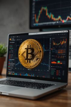 a laptop computer sitting on top of a wooden table next to a monitor with a gold bitcoin