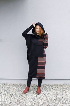 "Sweater Dress, Long Sleeves Dress, Black Sweatshirt Dress Express Shipping to the USA, UPS Courier for free Delivery 3-5 Business Days Thanks for the love for Sweaters ;) Black long The striped sweater is made of soft cotton. The sweater has a hood. The sweater has long sleeves with a thumb hole. The sweater has a cut to the left. Extremely warm, long, cozy cotton sweater for women. HANDMADE Very high quality seen in pictures. The sweater is warm and has a loose, comfortable look. This is a bea Casual Black Sweatshirt Dress For Winter, Casual Black Sweatshirt Dress For Fall, Long Sleeve Patchwork Sweater Dress For Fall, Black Hooded Cotton Dress, Black Hooded Dress For Fall, Oversized Hooded Winter Dress, Black Cotton Sweatshirt Dress For Fall, Black Sweatshirt Dress, Asymmetrical Coat