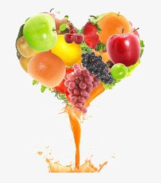 a heart made out of fruit and juice splashing into the air on a white background