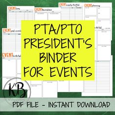 the presidents binder for events is shown in black and yellow, with text that reads p