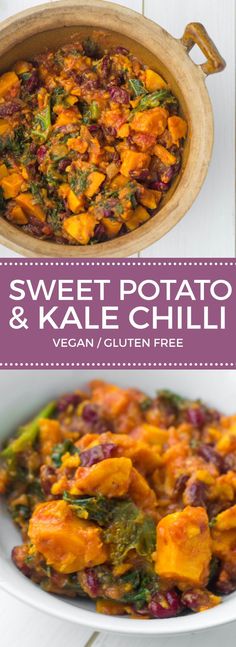 sweet potato and kale chilli with spinach in a white bowl on a table