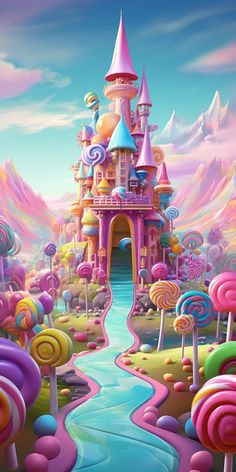 a painting of a castle surrounded by candy land