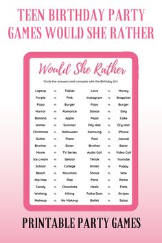 a printable birthday party game with words that say,'would she rather? '