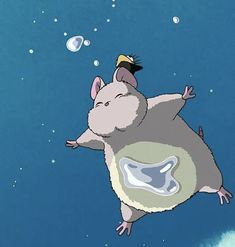 a cartoon mouse flying through the air with bubbles in it's mouth and nose