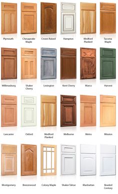 the different types of cabinets and doors in various colors, sizes and finishes are shown