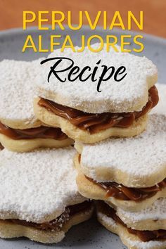 several small sandwiches are stacked on top of each other with powdered sugar and caramel toppings