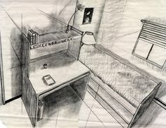 a drawing of a bedroom with a bed and desk