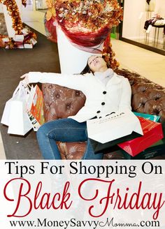 a woman sitting on a couch with shopping bags in front of her and the words tips for shopping on black friday