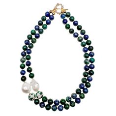 Phoenix Lapis With Baroque Pearls Double Strands Statement Necklace | Farra | Wolf & Badger Green Jewellery, Pearl Birthstone, Nice Jewelry, September Birthstone Jewelry, August Birthstone Jewelry, July Birthstone Jewelry, Green Jewelry, Zodiac Jewelry, Spiritual Connection