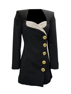 a women's black jacket with gold buttons on the lapel and white trim