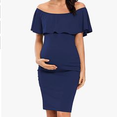 Women's Maternity Dress New With Tags Size Large Ruffle Off Shoulder, Ruched Sides, And Knee-Length Bodycon And Extremely Flattering During Pregnancy Soft Stretchy Material Made Of 60% Polyester, 35% Rayon And 5% Spandex Color Blue/Navy Same Day Shipping! Bundle From My Closet To Save~ Summer Maternity Bodycon Dress, Summer Maternity Blue Dresses, Blue Fitted Maternity Dress With Short Sleeves, Blue Summer Maternity Wear Dresses, Blue Fitted Maternity Dress For Summer, Fitted Blue Maternity Dress For Summer, Blue Summer Maternity Dress, Blue Knee-length Maternity Dress, Blue Stretch Maternity Dress