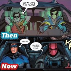 batman and robin wayne are in the back seat of a car, talking to each other