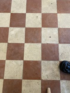 a pair of shoes sitting on top of a checkered floor next to a black shoe